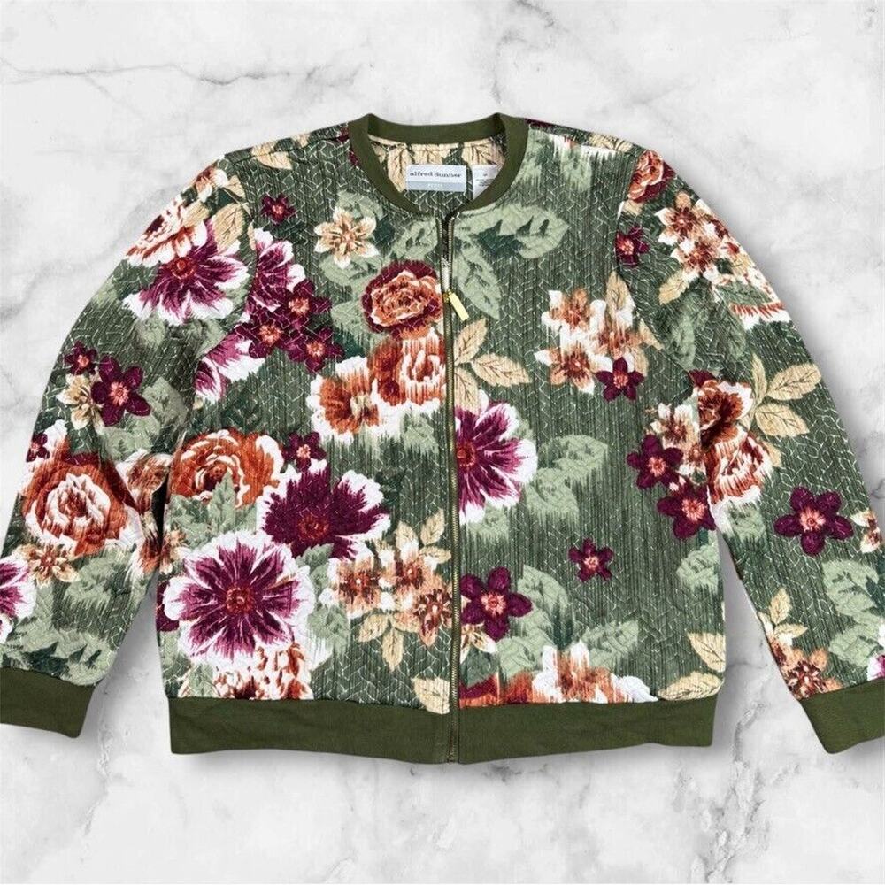 ALFRED‎ DUNNER Green Floral Bomber Jacket Full Zip Long Sleeve Womens 8P